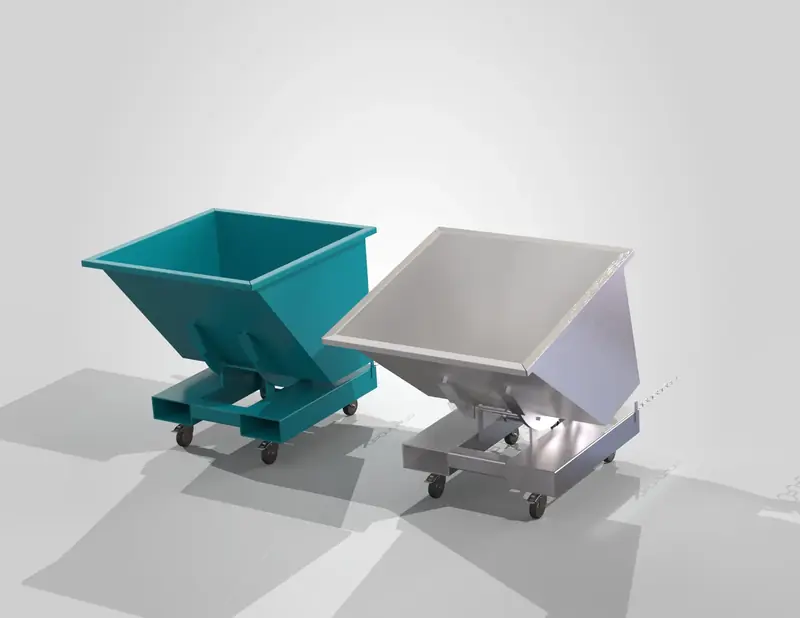 Deux bennes basculantes sur roulettes, une en acier peint, une en inox